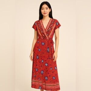 Boho Red Floral Cotton Wrap Dress – 100% Cotton, Short Sleeve
